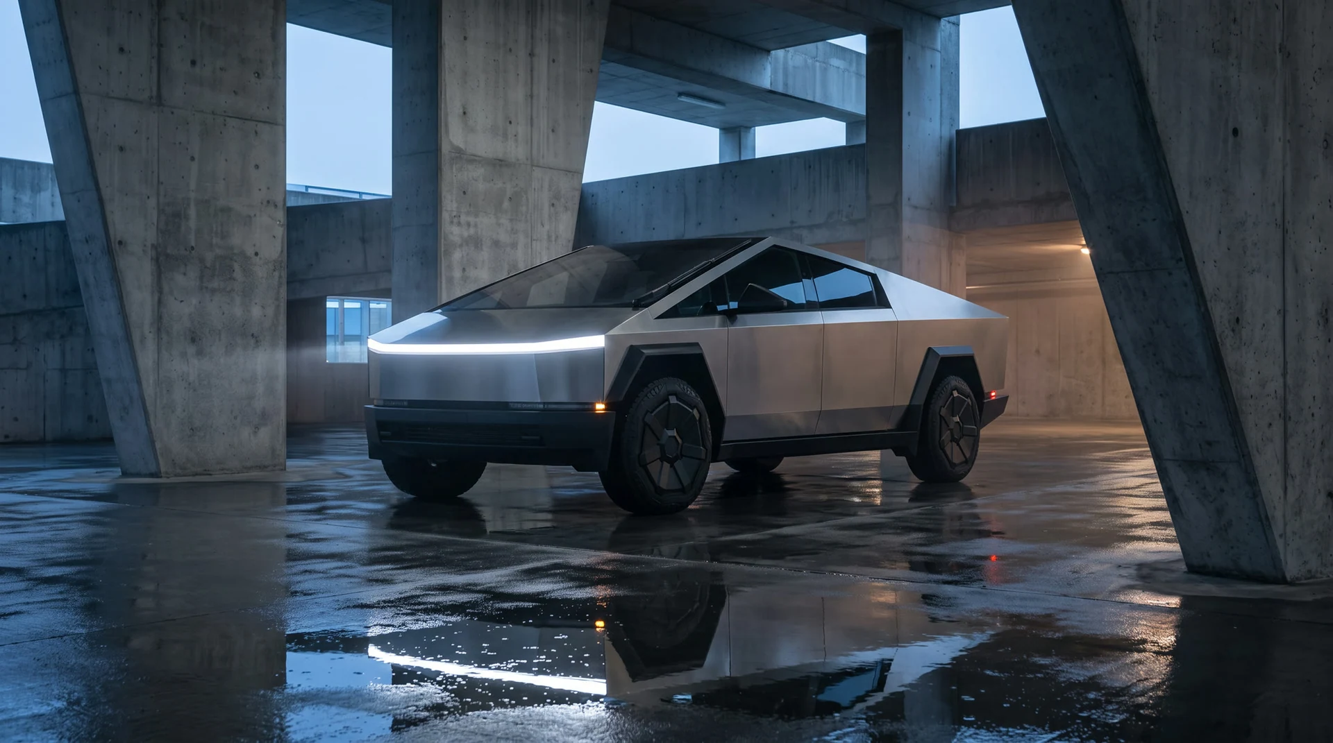 Silver angular electric truck in a monumental concrete structure after rain