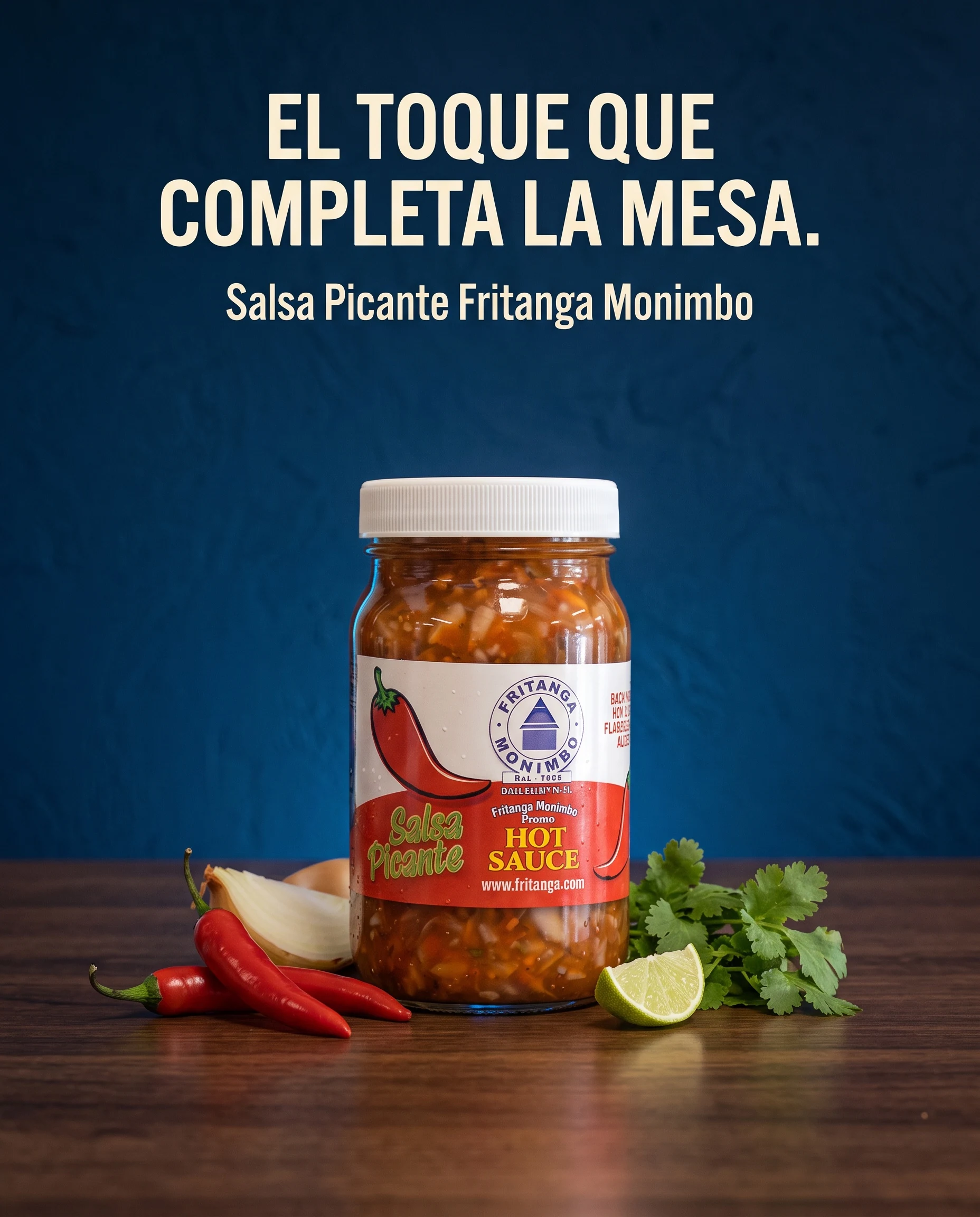 Fritanga Monimbo Salsa Picante campaign image on the brand's deep blue background