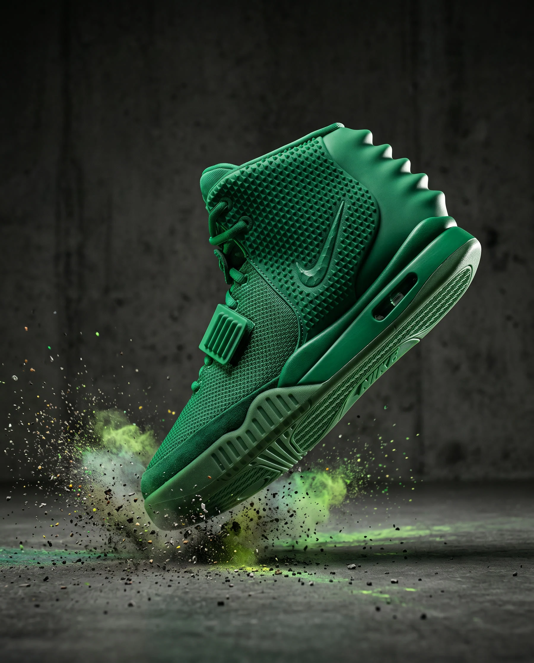 Dark green sculptural high-top sneaker suspended over a concrete studio floor