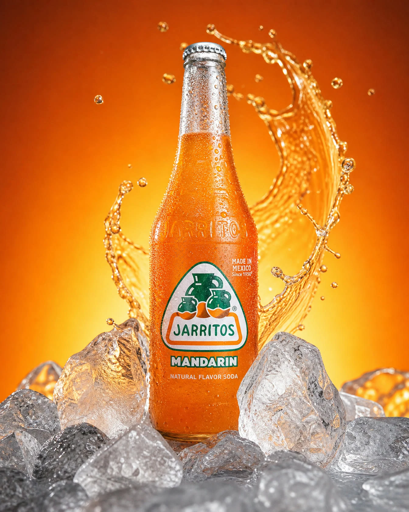 Orange soda bottle surrounded by ice and an orange liquid splash