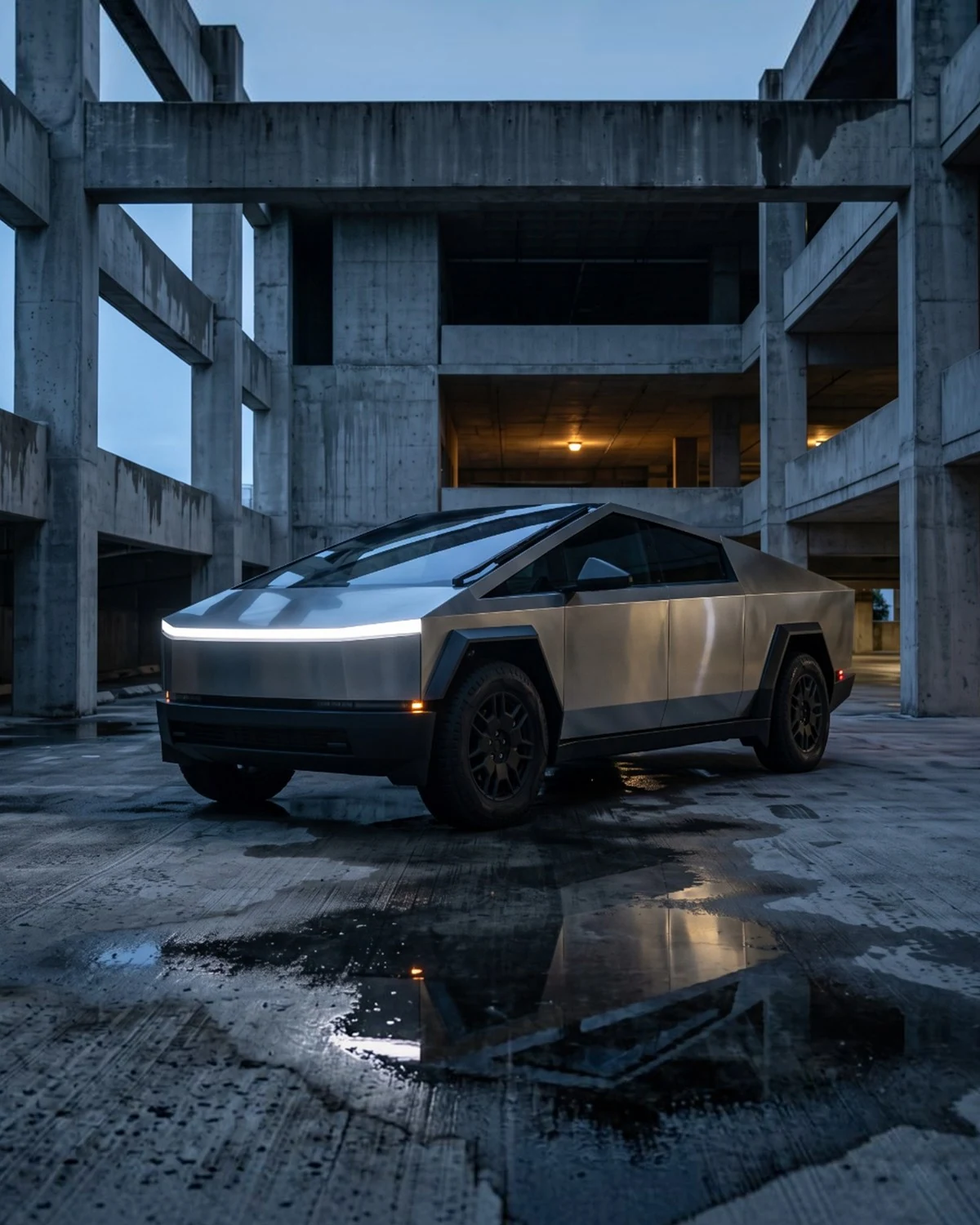 Silver angular electric truck inside a monumental concrete structure after rain