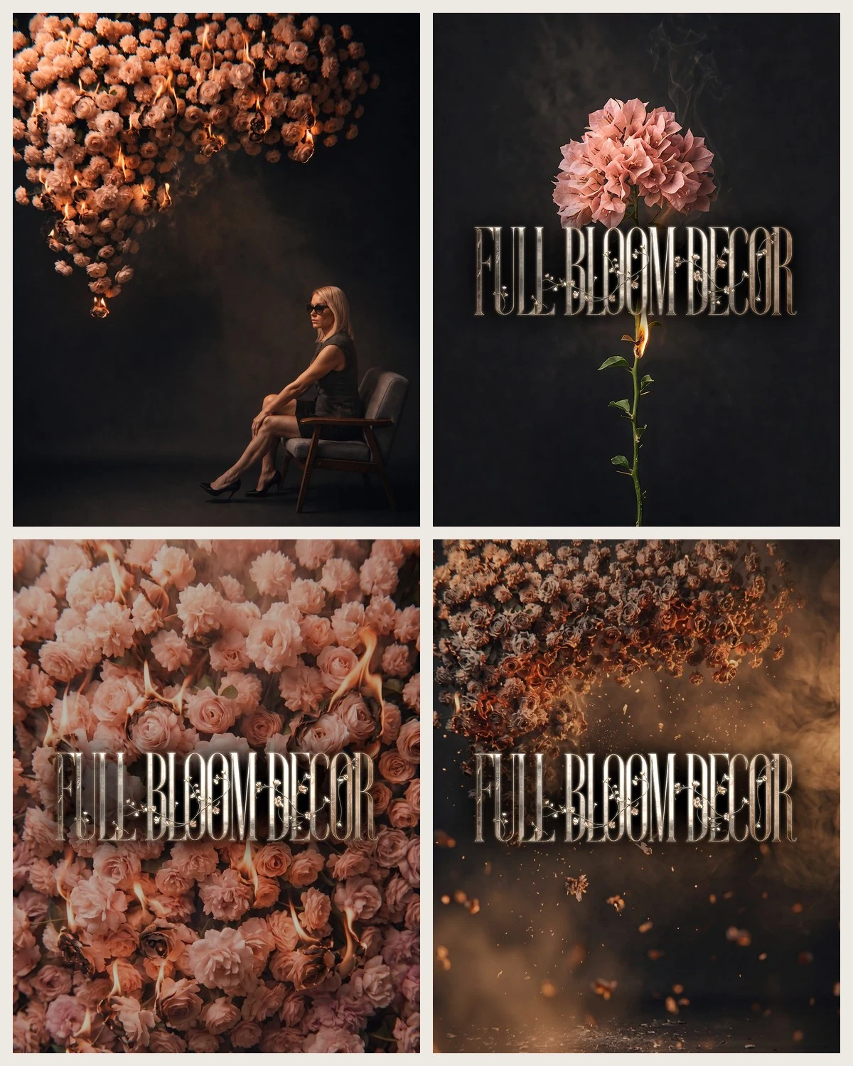 Four-image Full Bloom Decor campaign board with portrait, floral artwork, titles, and campaign scenery