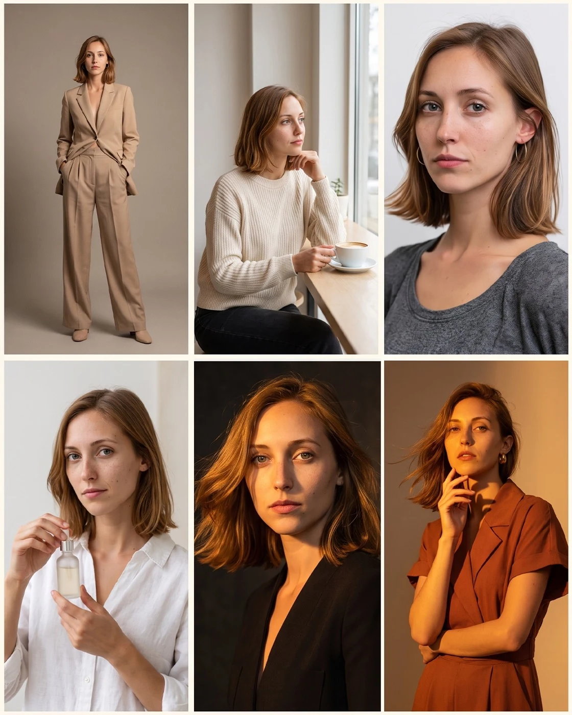 Personal Brand sample showing the same woman across five finished hero looks