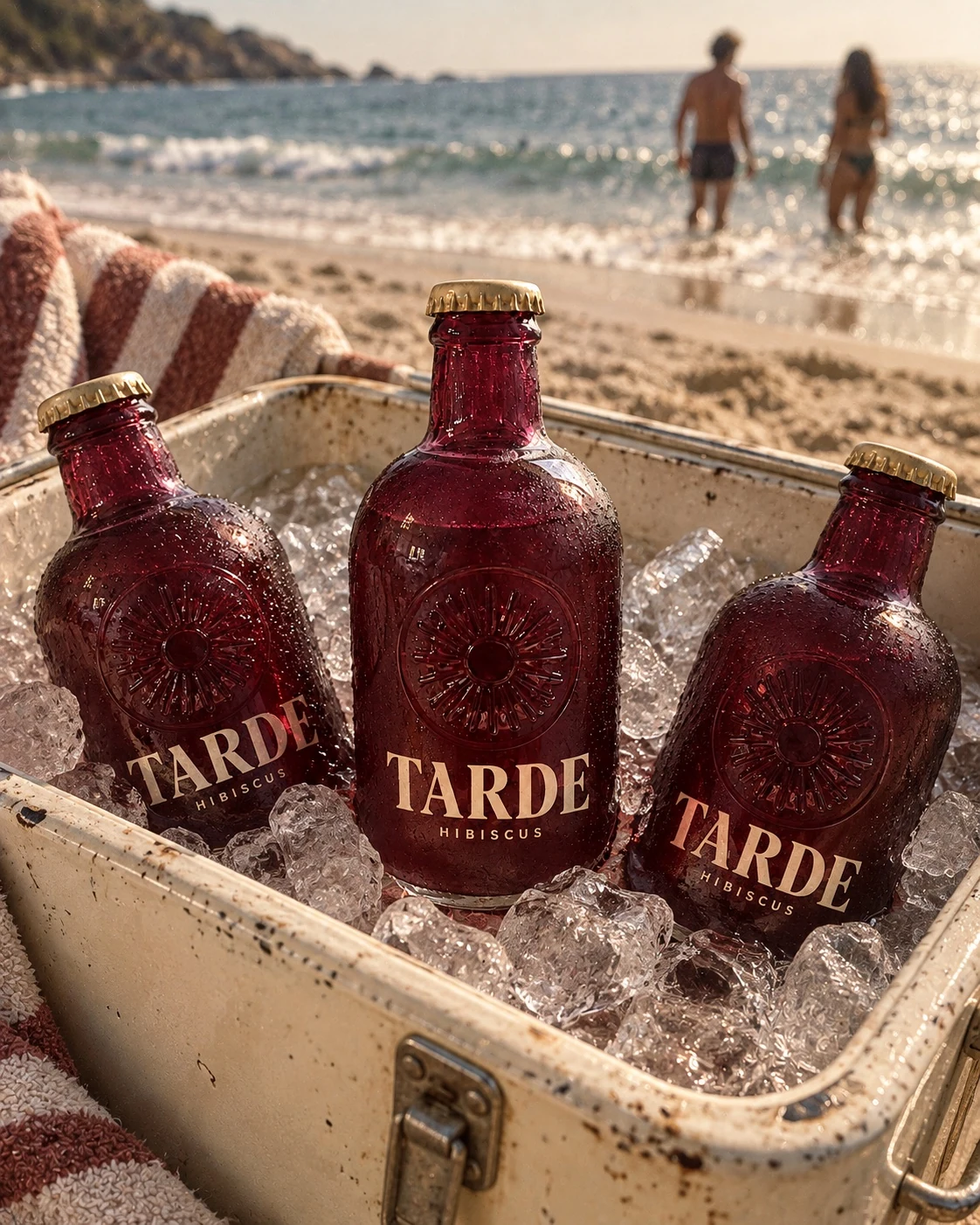 Three branded TARDE bottles in ice inside a cream beach cooler