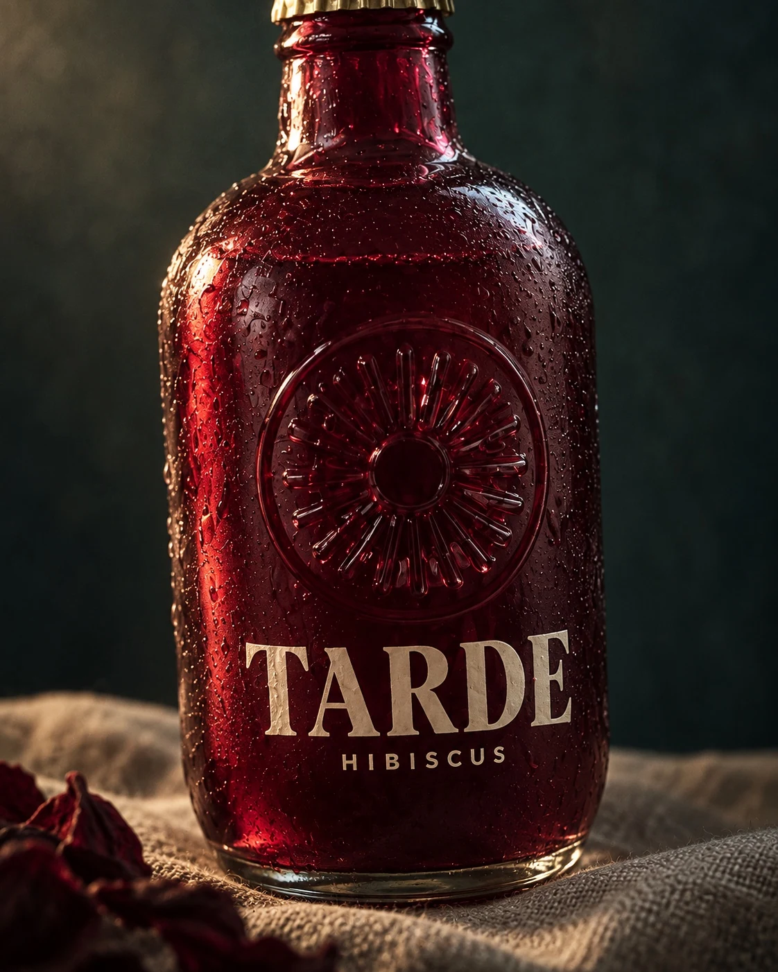 Close-up of the embossed TARDE bottle with condensation and ivory lettering