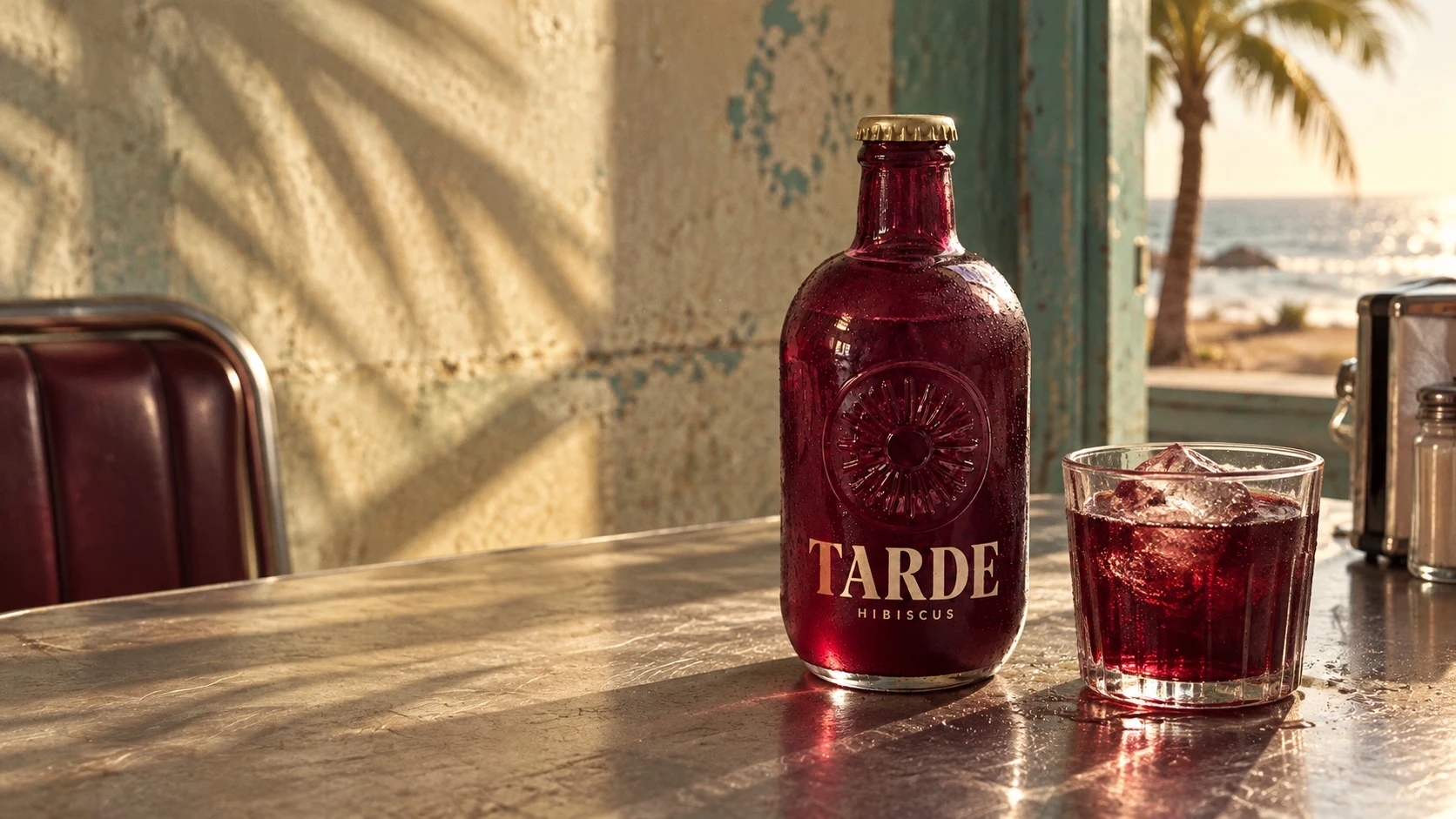 Whole TARDE bottle and a tumbler on a sunlit diner table with open space to the left