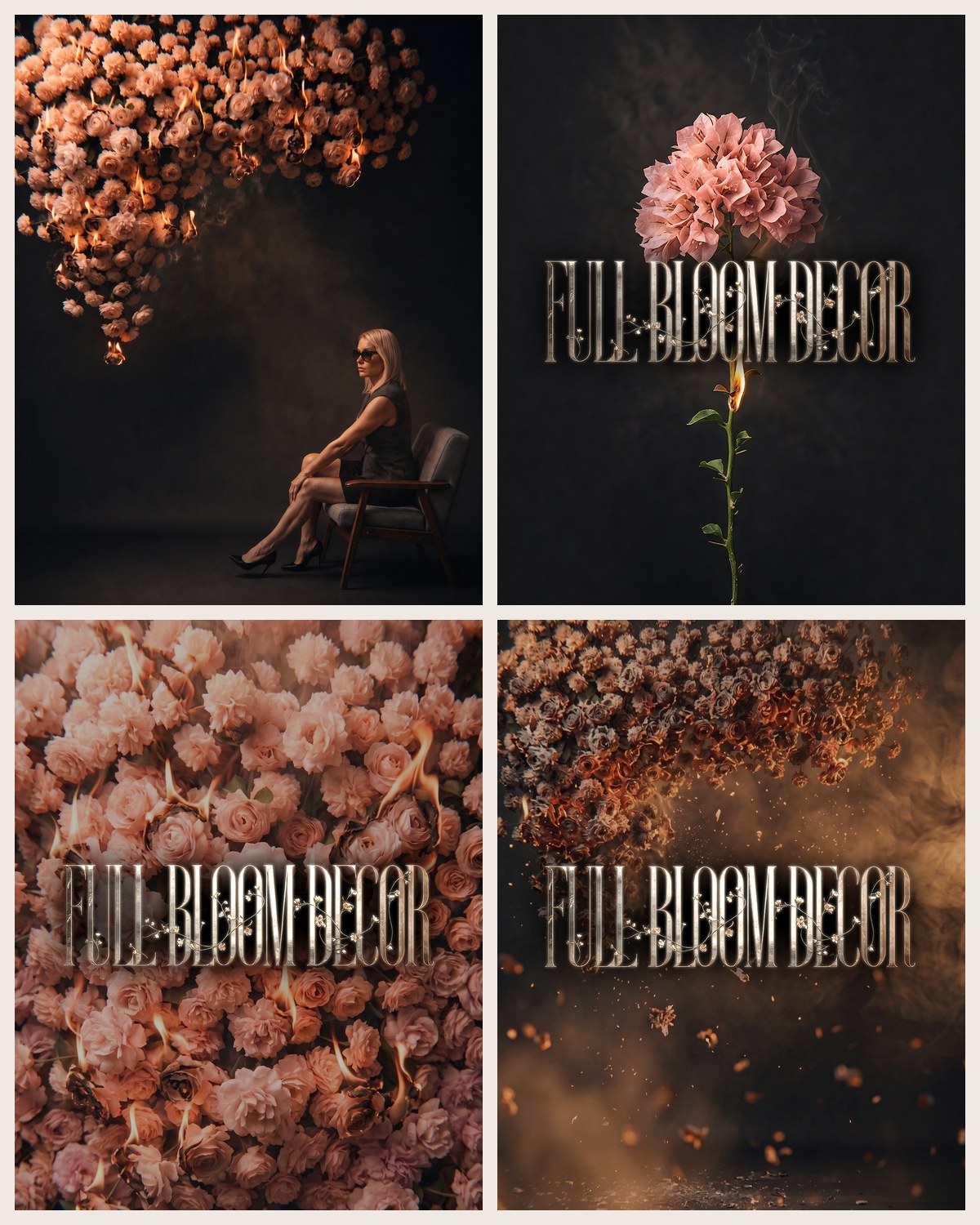 Four-image Full Bloom Decor campaign board showing the client portrait, floral artwork, title treatments, and burning-flower scenery