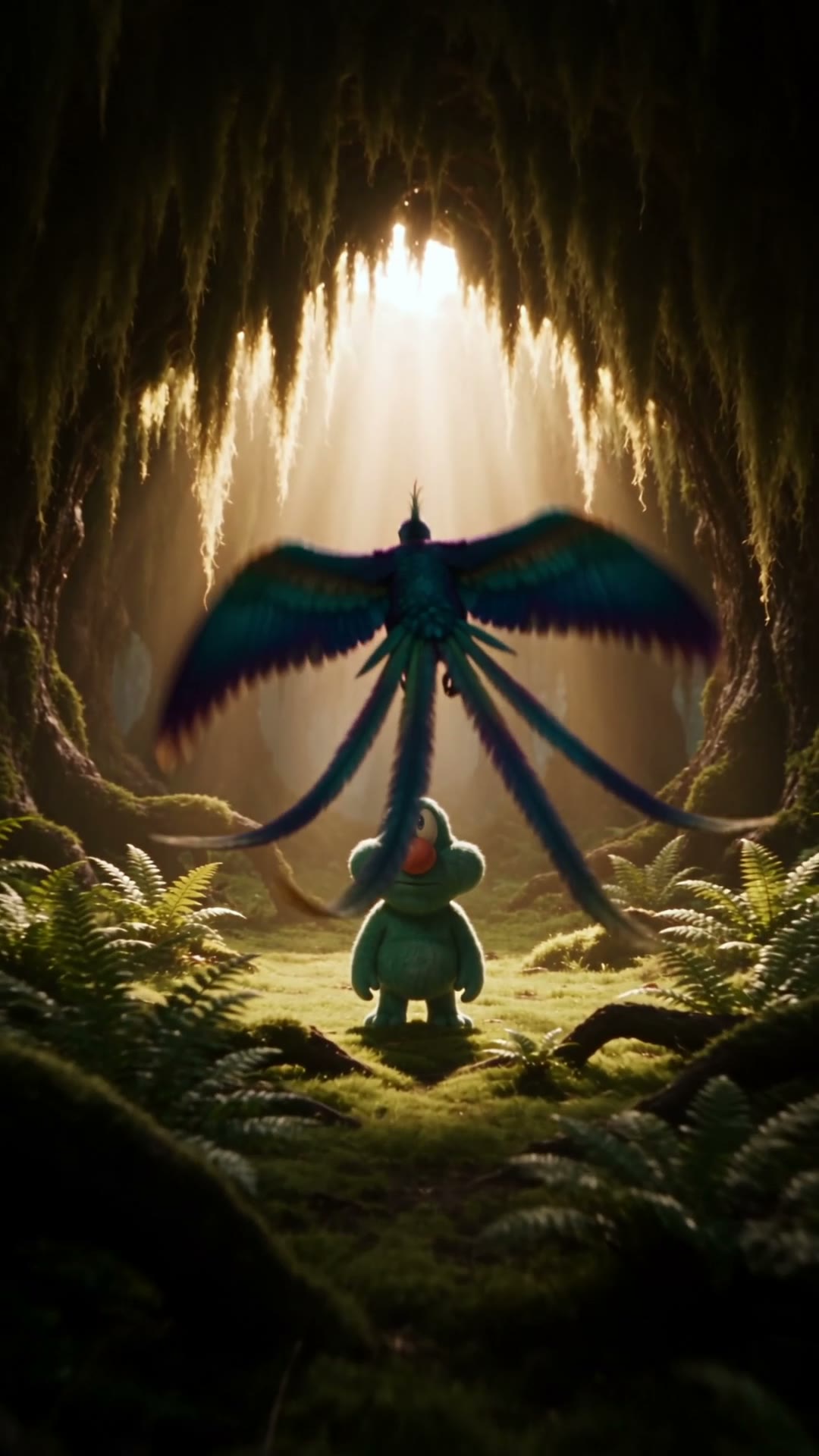 The bird approaches Tiny in a sunlit forest clearing