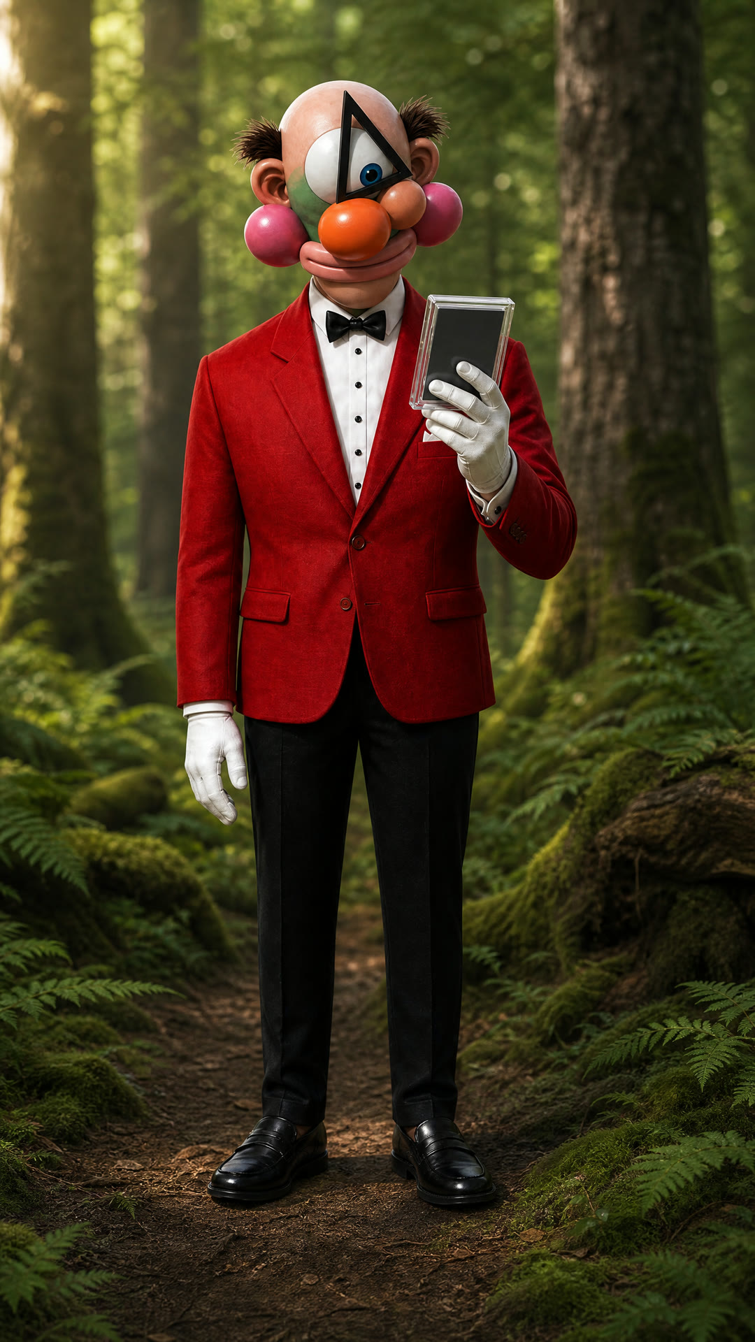 The approved opening still of Cyrix holding the card case in the forest