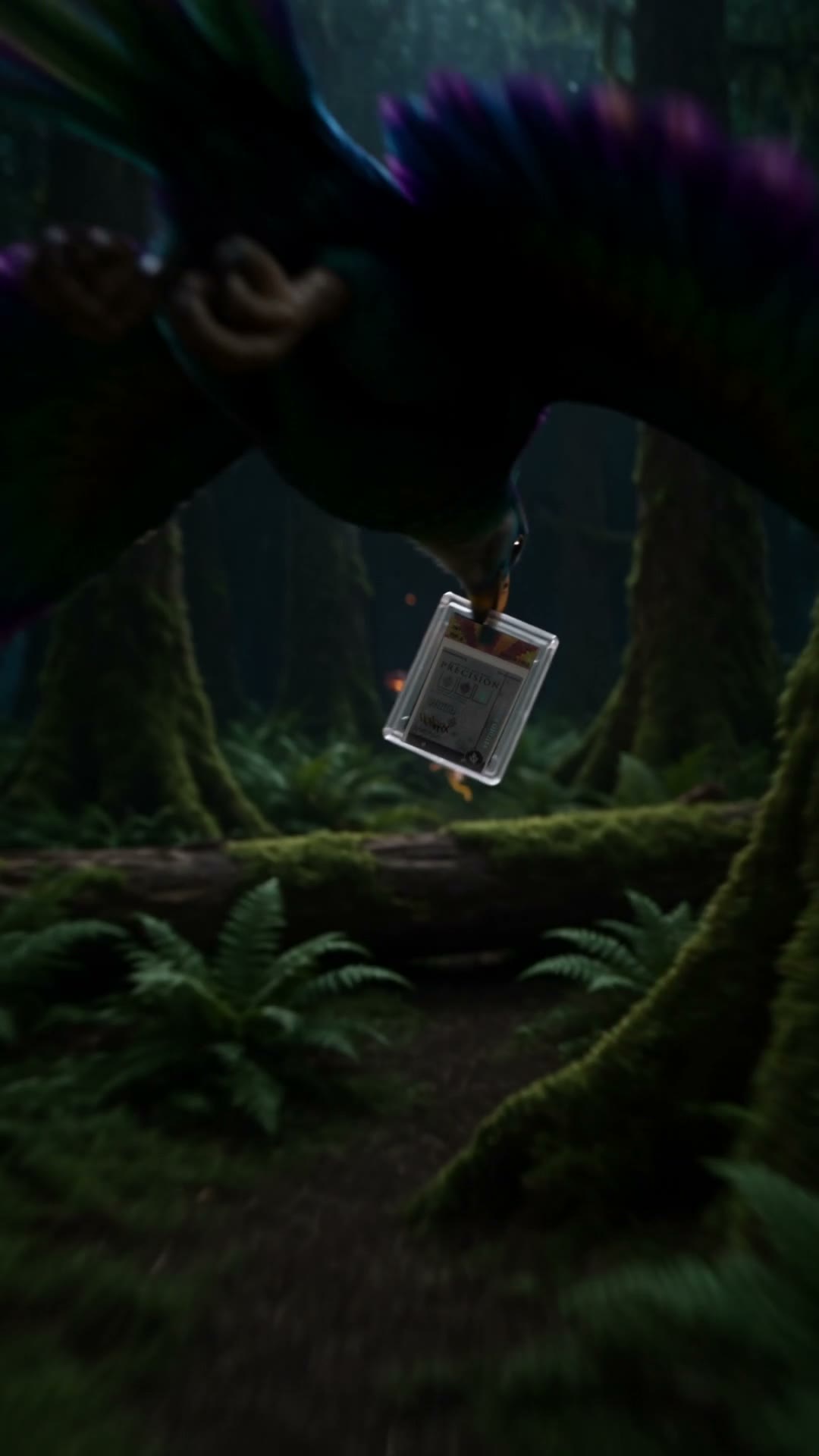 The jewel-feathered bird carries the card past a forest creature