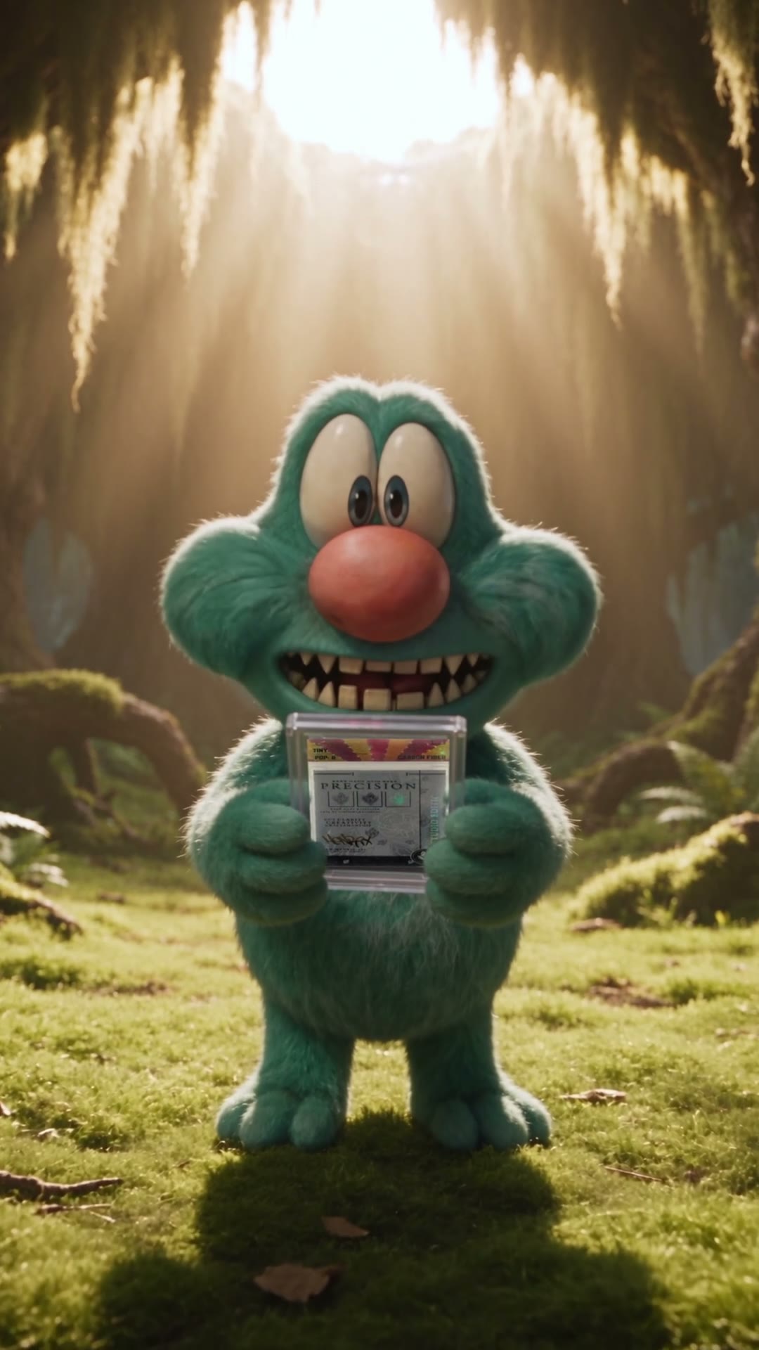 Tiny holds the tracked card back after receiving it from the bird