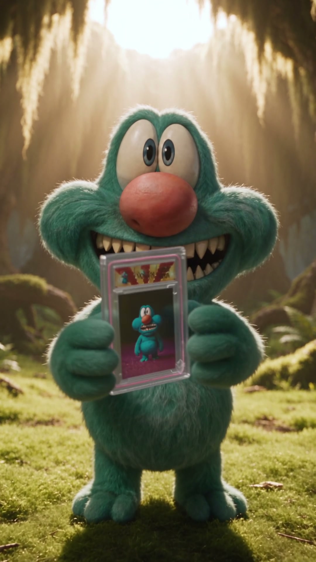 Tiny holding the Gem Era × Henrix collectible card in a sunlit forest clearing