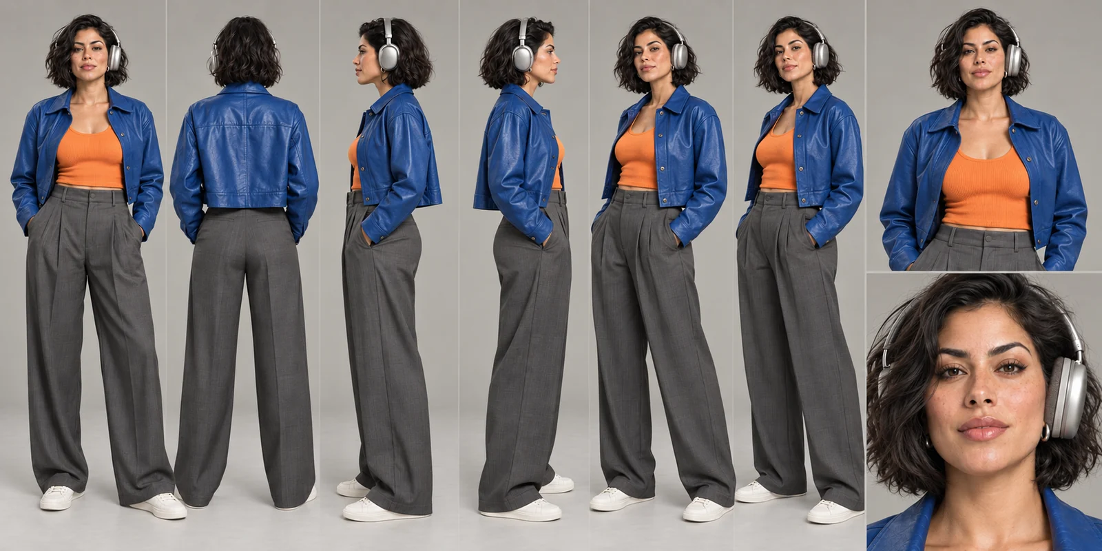 Approved character development sheet with the heroine’s face, bob, headphones and blue and orange outfit