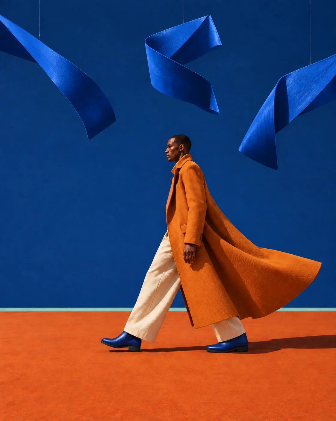 Man in an orange coat and flat cobalt boots walking through a sculptural blue set