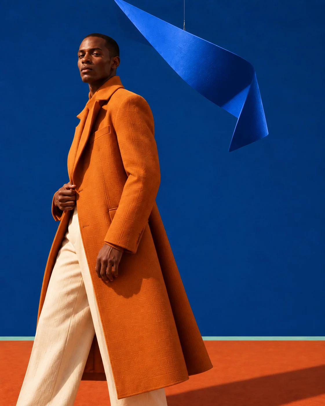 Man in an orange coat in front of a suspended cobalt form