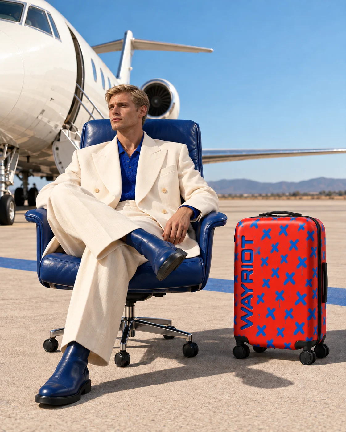 Blond man in an ivory suit seated in a cobalt office chair beside the red Sprayed Xs suitcase and an aircraft