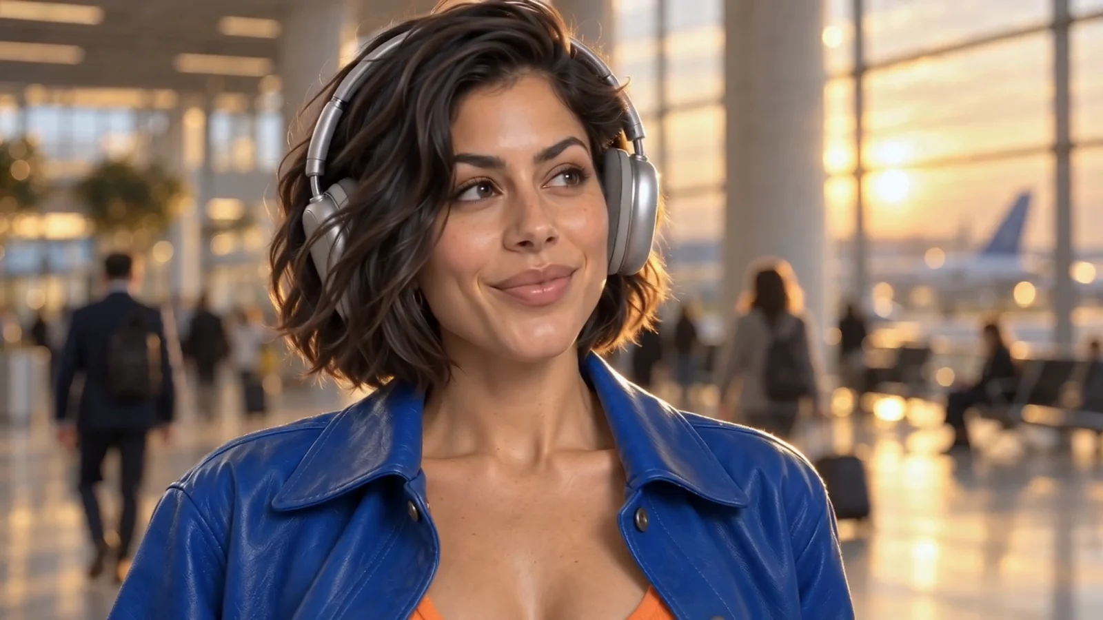 The heroine with silver headphones in a frame from the finished film