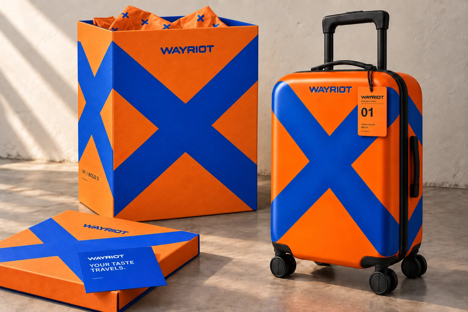 WAYRIOT packaging and Bold X luggage, part of the complete brand concept