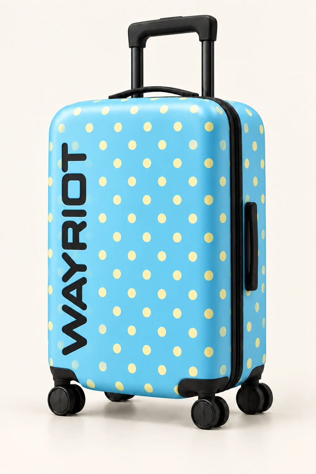 Soft Dots WAYRIOT concept suitcase, showing the full case, extended handle and wheels