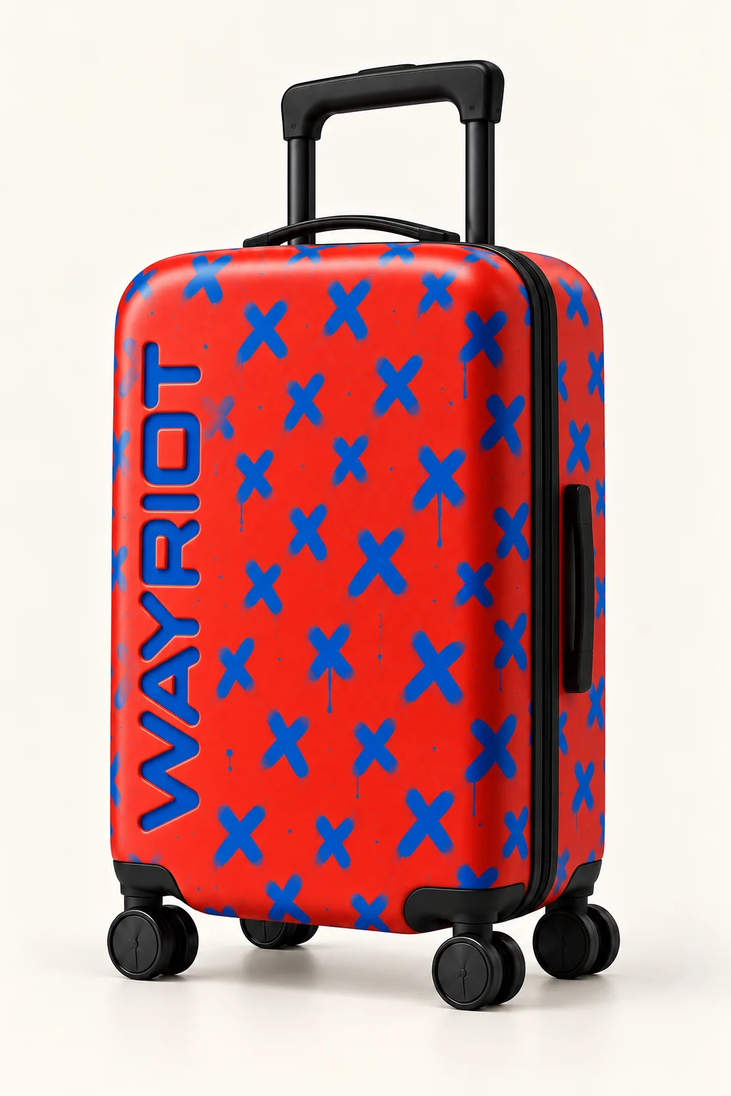 Sprayed Xs WAYRIOT concept suitcase, showing the full case, extended handle and wheels