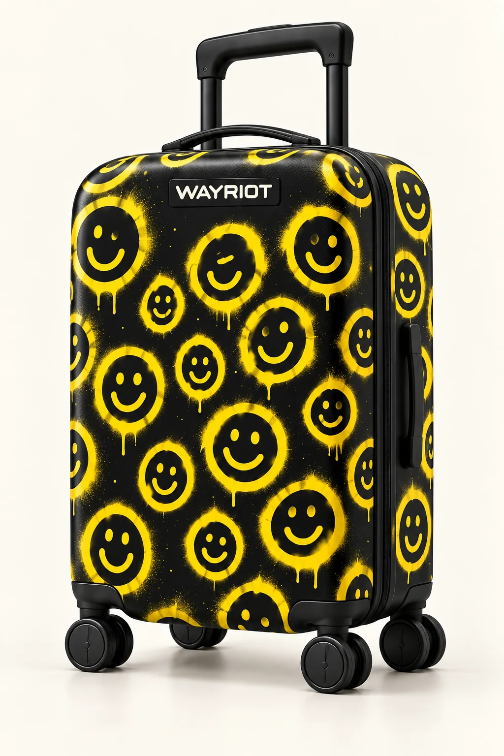 Spray Smiles WAYRIOT concept suitcase, showing the full case, extended handle and wheels