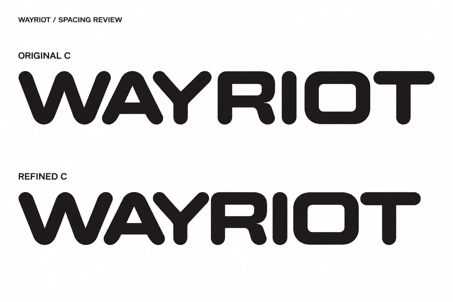 Original and refined WAYRIOT lettering compared in the actual spacing study