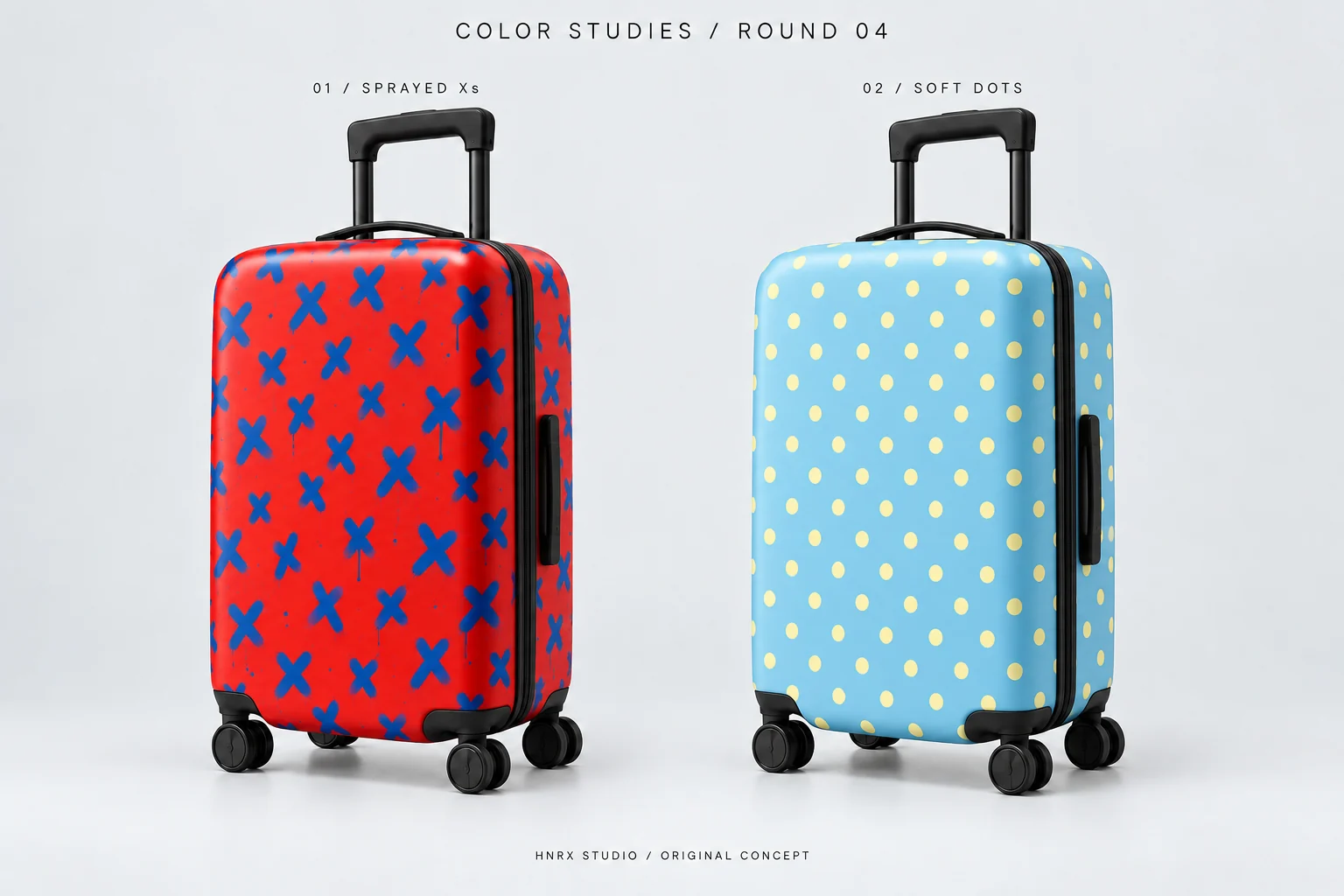 Early unbranded red painted-X and sky-blue dot suitcase studies