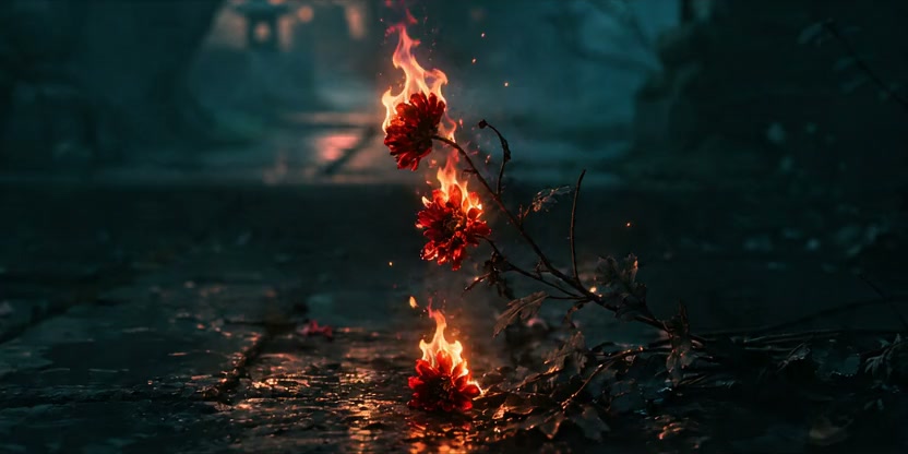 Scarlet flowers burning against the studio’s deep green cinematic backdrop